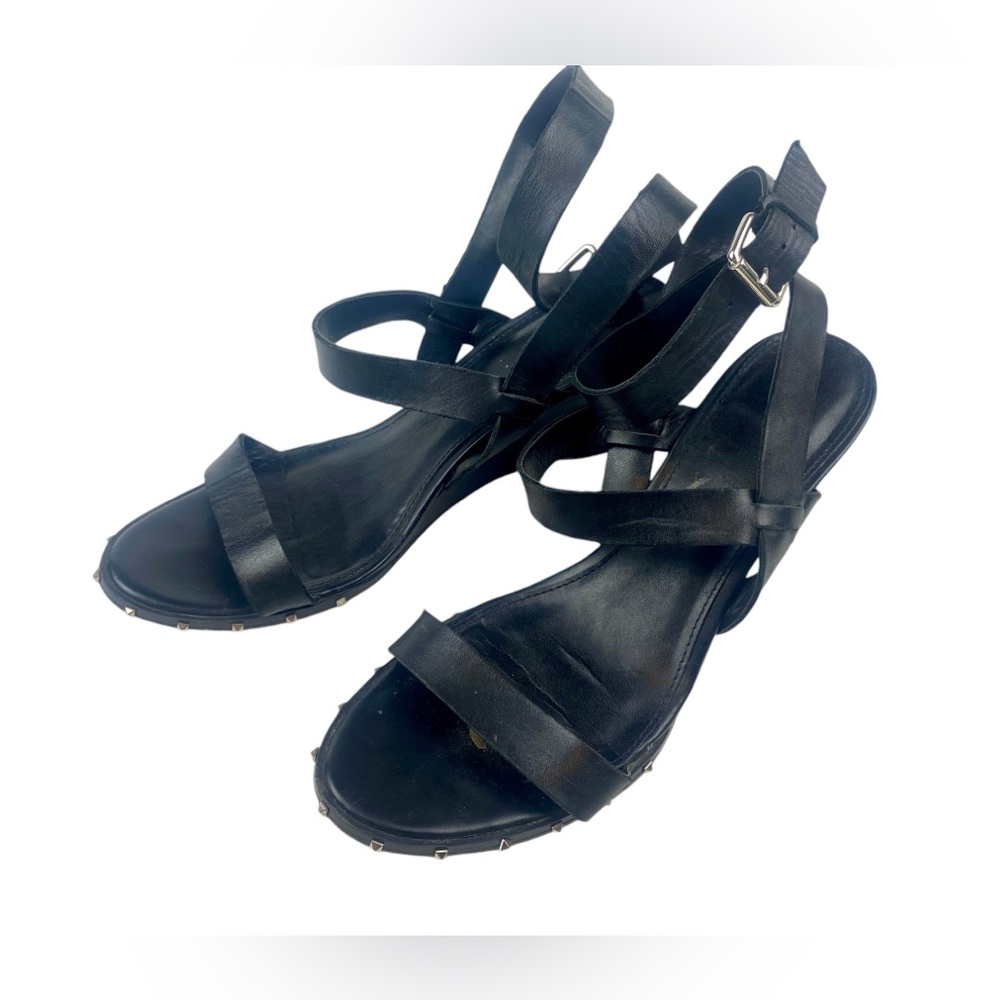 Marc Fisher Black Leather Madaya Studded Wedge Ankle Wrap Sandals Size 8.5 - Picture 9 of 10